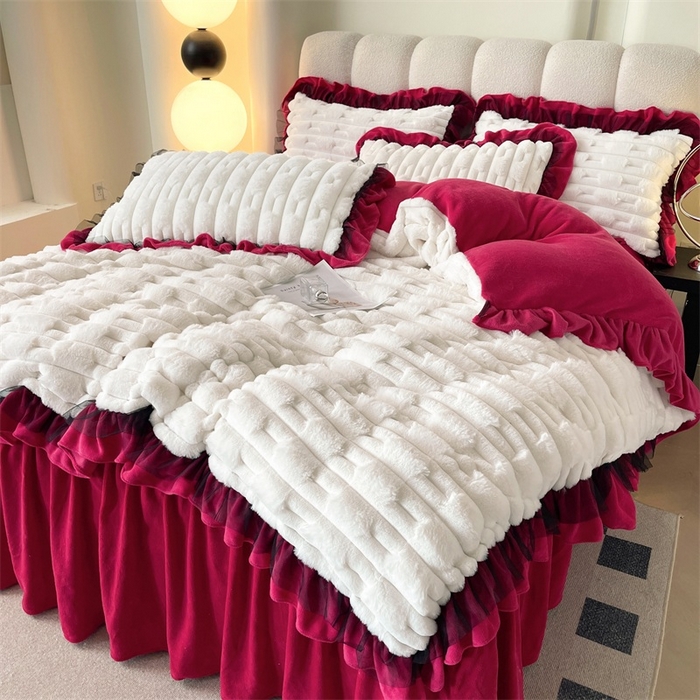 91家纺网 家纺一手货源 找家纺 睡美人 2025韩版兔绒提花牛奶绒床裙床单床笠款四件套 兔绒提花-酒红色
