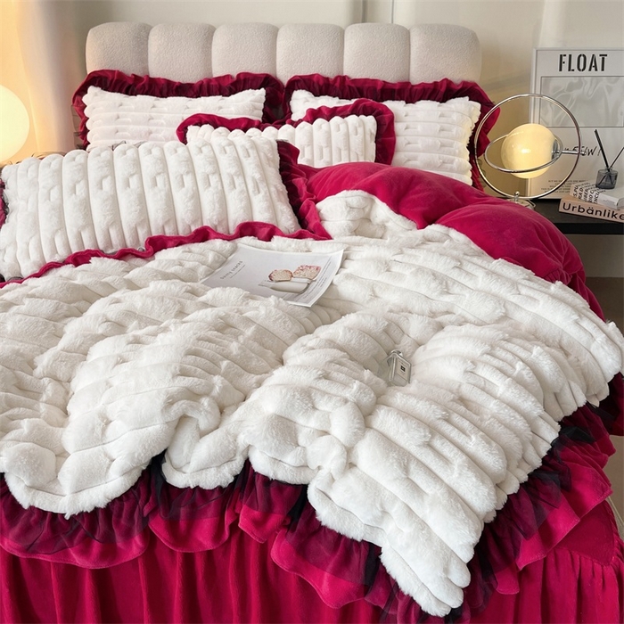 91家纺网 家纺一手货源 找家纺 睡美人 2025韩版兔绒提花牛奶绒床裙床单床笠款四件套 兔绒提花-酒红色