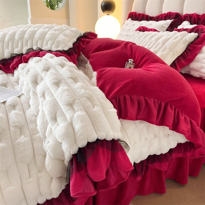 91家纺网 家纺一手货源 找家纺 睡美人 2025韩版兔绒提花牛奶绒床裙床单床笠款四件套 兔绒提花-酒红色