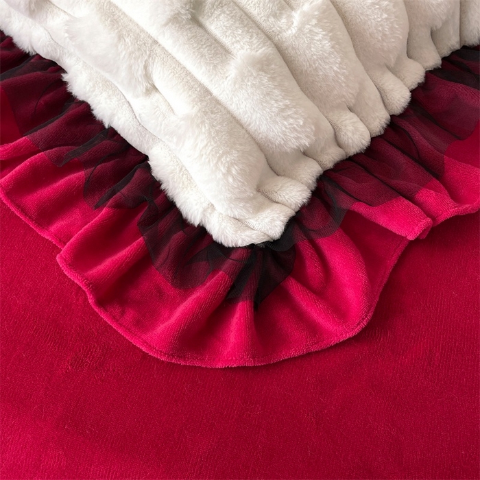 91家纺网 家纺一手货源 找家纺 睡美人 2025韩版兔绒提花牛奶绒床裙床单床笠款四件套 兔绒提花-酒红色