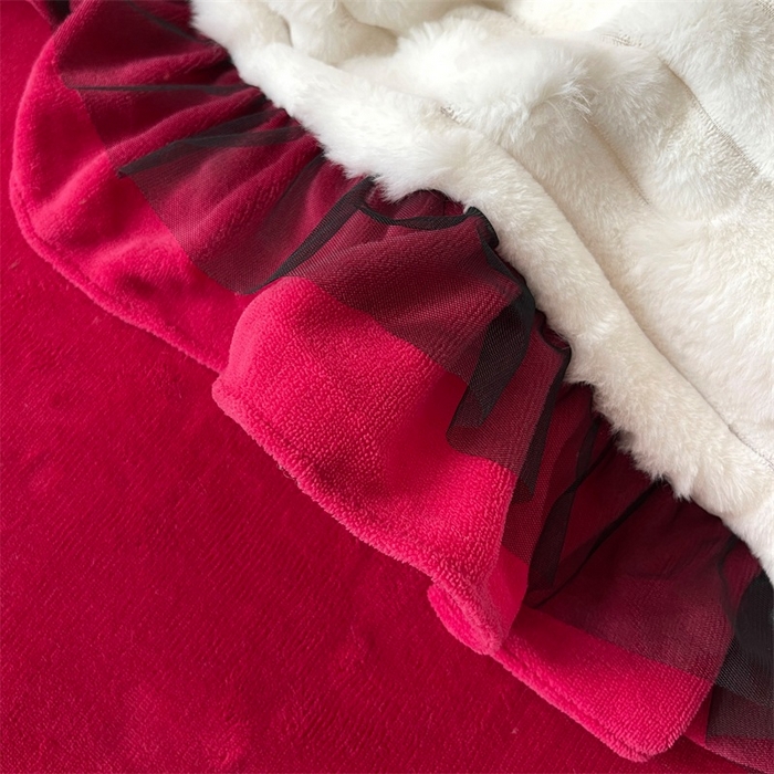 91家纺网 家纺一手货源 找家纺 睡美人 2025韩版兔绒提花牛奶绒床裙床单床笠款四件套 兔绒提花-酒红色