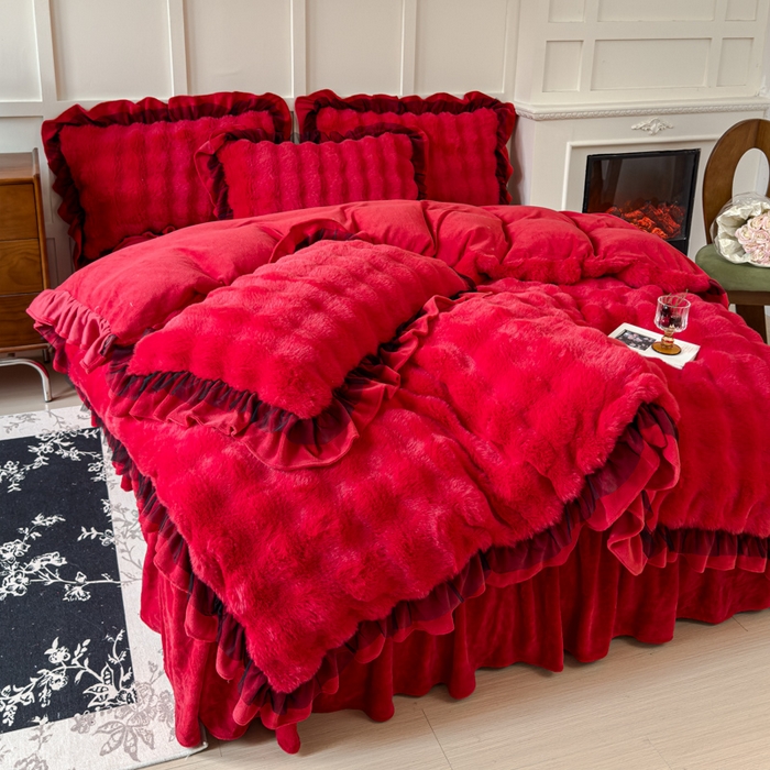 91家纺网 家纺一手货源 找家纺 （总）睡美人 2025韩版兔兔绒牛奶绒床裙床单床笠款公主蕾丝四件套