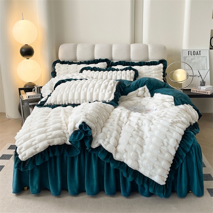 91家纺网 家纺一手货源 找家纺 睡美人 2025韩版兔绒提花牛奶绒床裙床单床笠款四件套 兔绒提花-孔雀绿