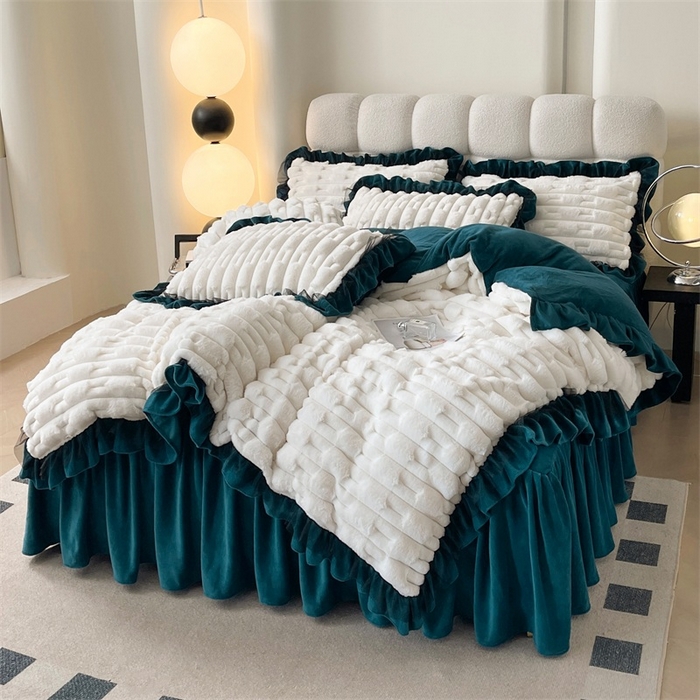 睡美人 2025韩版兔绒提花牛奶绒床裙床单床笠款四件套 兔绒提花-孔雀绿