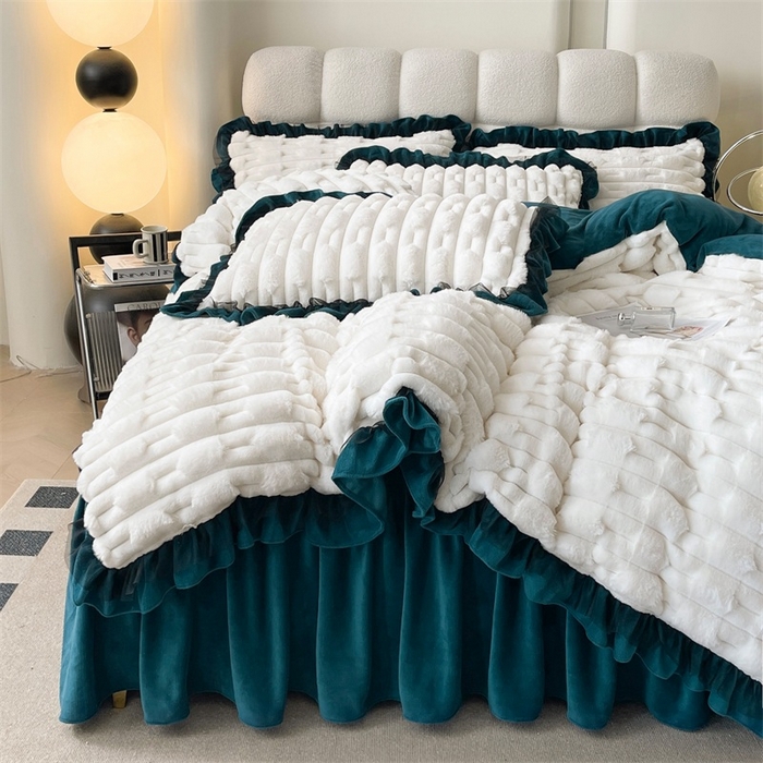 91家纺网 家纺一手货源 找家纺 睡美人 2025韩版兔绒提花牛奶绒床裙床单床笠款四件套 兔绒提花-孔雀绿