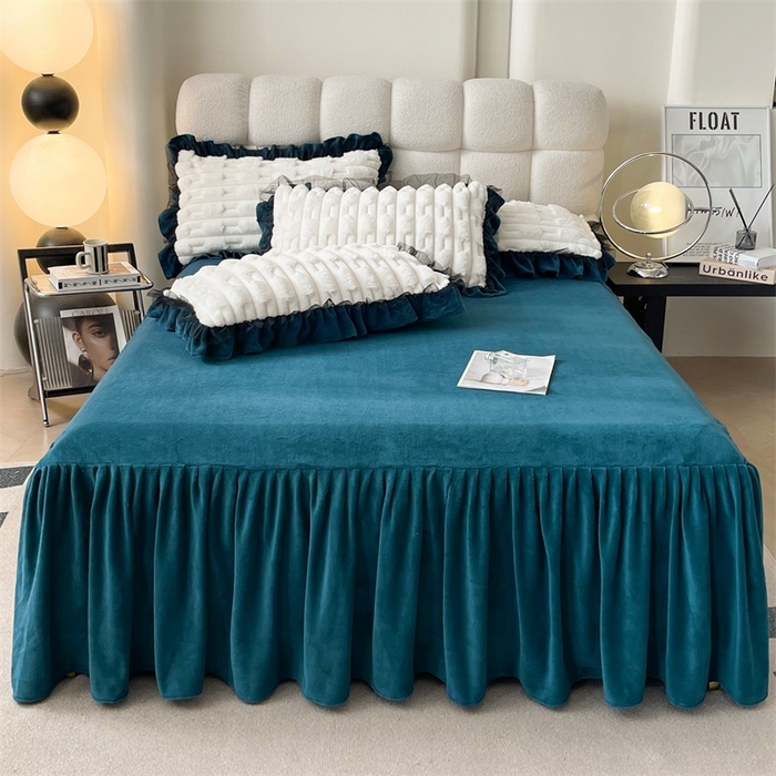 91家纺网 家纺一手货源 找家纺 睡美人 2025韩版兔绒提花牛奶绒床裙床单床笠款四件套 兔绒提花-孔雀绿