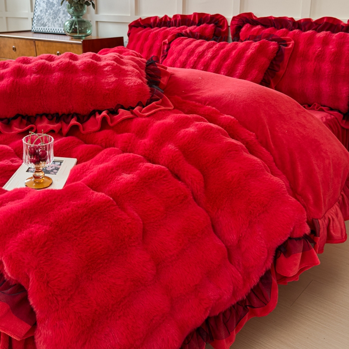 91家纺网 家纺一手货源 找家纺 （总）睡美人 2025韩版兔兔绒牛奶绒床裙床单床笠款公主蕾丝四件套