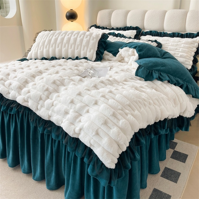 91家纺网 家纺一手货源 找家纺 睡美人 2025韩版兔绒提花牛奶绒床裙床单床笠款四件套 兔绒提花-孔雀绿