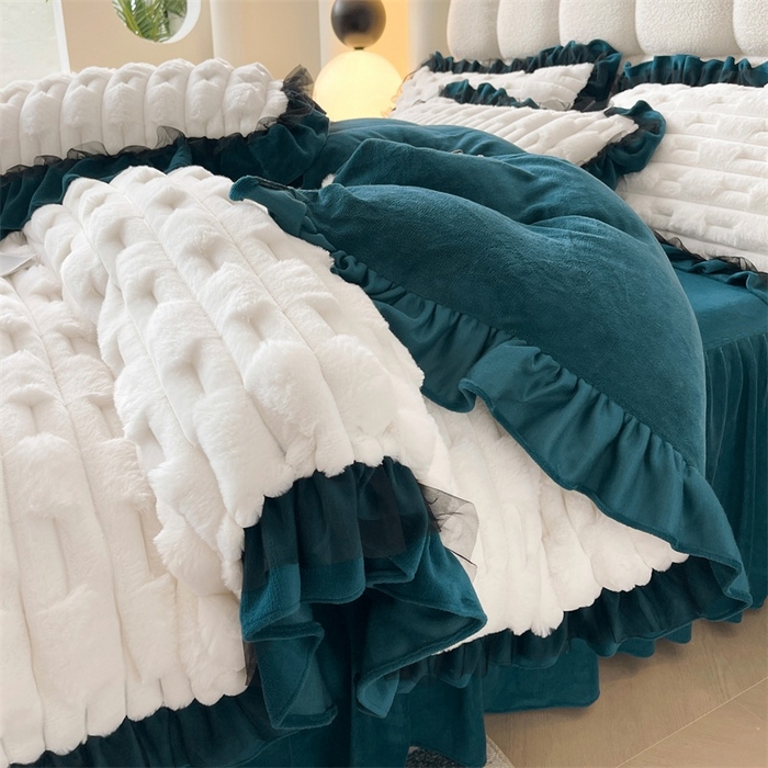 91家纺网 家纺一手货源 找家纺 睡美人 2025韩版兔绒提花牛奶绒床裙床单床笠款四件套 兔绒提花-孔雀绿