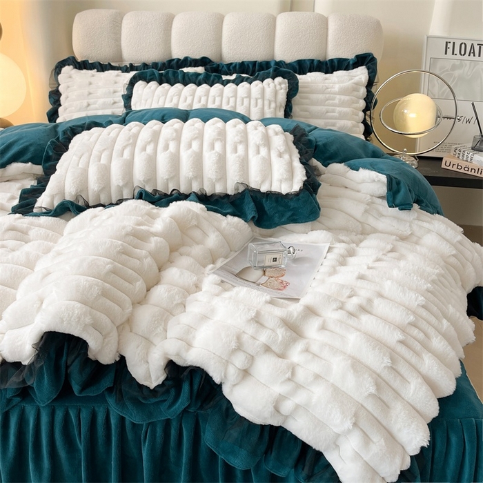 91家纺网 家纺一手货源 找家纺 睡美人 2025韩版兔绒提花牛奶绒床裙床单床笠款四件套 兔绒提花-孔雀绿