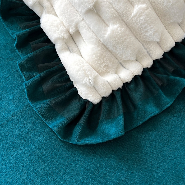 91家纺网 家纺一手货源 找家纺 睡美人 2025韩版兔绒提花牛奶绒床裙床单床笠款四件套 兔绒提花-孔雀绿