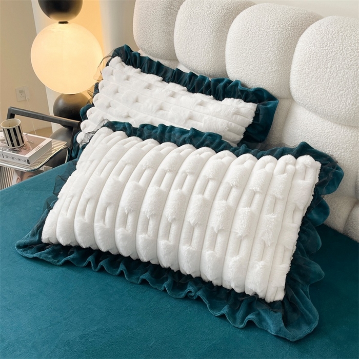 91家纺网 家纺一手货源 找家纺 睡美人 2025韩版兔绒提花牛奶绒床裙床单床笠款四件套 兔绒提花-孔雀绿