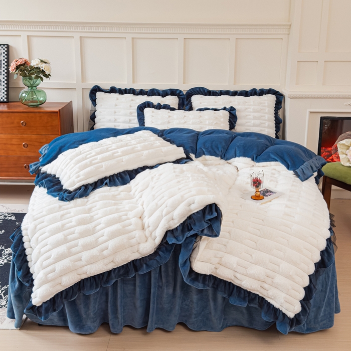 91家纺网 家纺一手货源 找家纺 睡美人 2025韩版兔绒提花牛奶绒床裙床单床笠款四件套 兔绒提花-气质灰