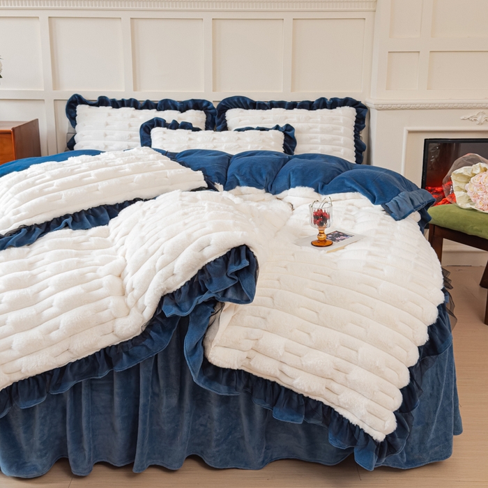 91家纺网 家纺一手货源 找家纺 睡美人 2025韩版兔绒提花牛奶绒床裙床单床笠款四件套 兔绒提花-气质灰