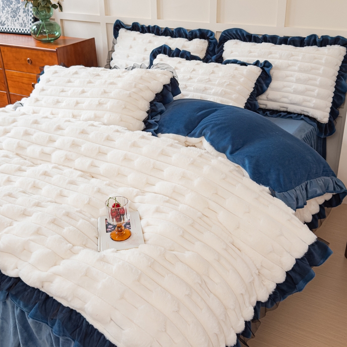 91家纺网 家纺一手货源 找家纺 睡美人 2025韩版兔绒提花牛奶绒床裙床单床笠款四件套 兔绒提花-气质灰