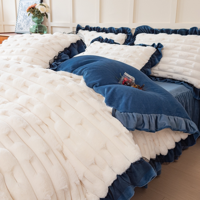 91家纺网 家纺一手货源 找家纺 睡美人 2025韩版兔绒提花牛奶绒床裙床单床笠款四件套 兔绒提花-气质灰