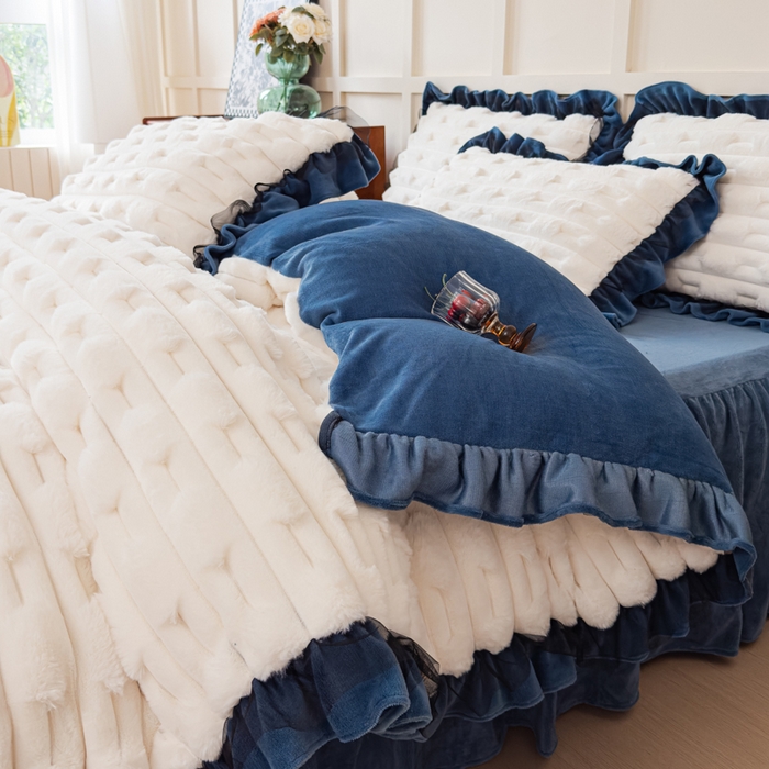 91家纺网 家纺一手货源 找家纺 睡美人 2025韩版兔绒提花牛奶绒床裙床单床笠款四件套 兔绒提花-气质灰