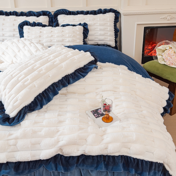 91家纺网 家纺一手货源 找家纺 睡美人 2025韩版兔绒提花牛奶绒床裙床单床笠款四件套 兔绒提花-气质灰