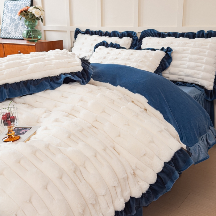 91家纺网 家纺一手货源 找家纺 睡美人 2025韩版兔绒提花牛奶绒床裙床单床笠款四件套 兔绒提花-气质灰