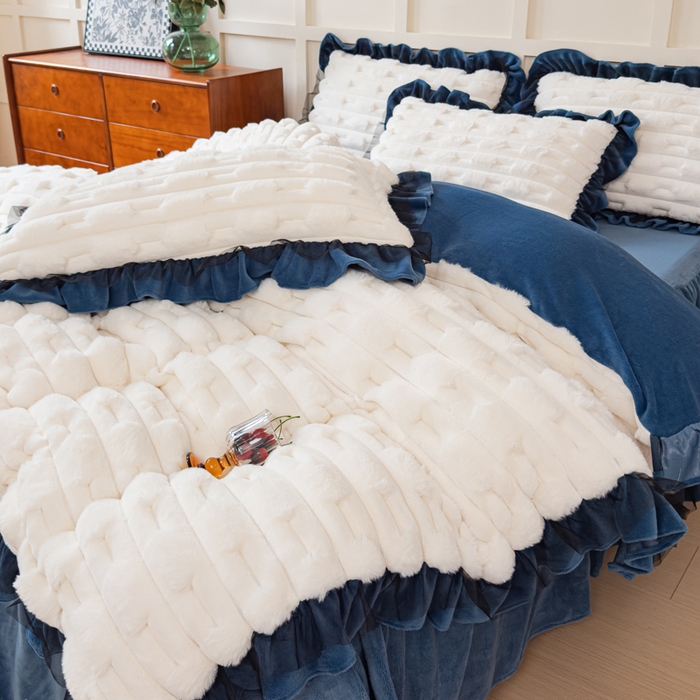 91家纺网 家纺一手货源 找家纺 睡美人 2025韩版兔绒提花牛奶绒床裙床单床笠款四件套 兔绒提花-气质灰