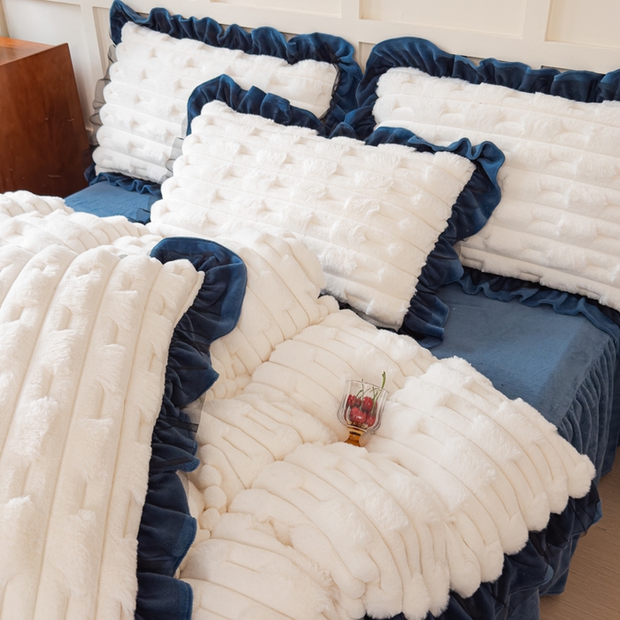 91家纺网 家纺一手货源 找家纺 睡美人 2025韩版兔绒提花牛奶绒床裙床单床笠款四件套 兔绒提花-气质灰