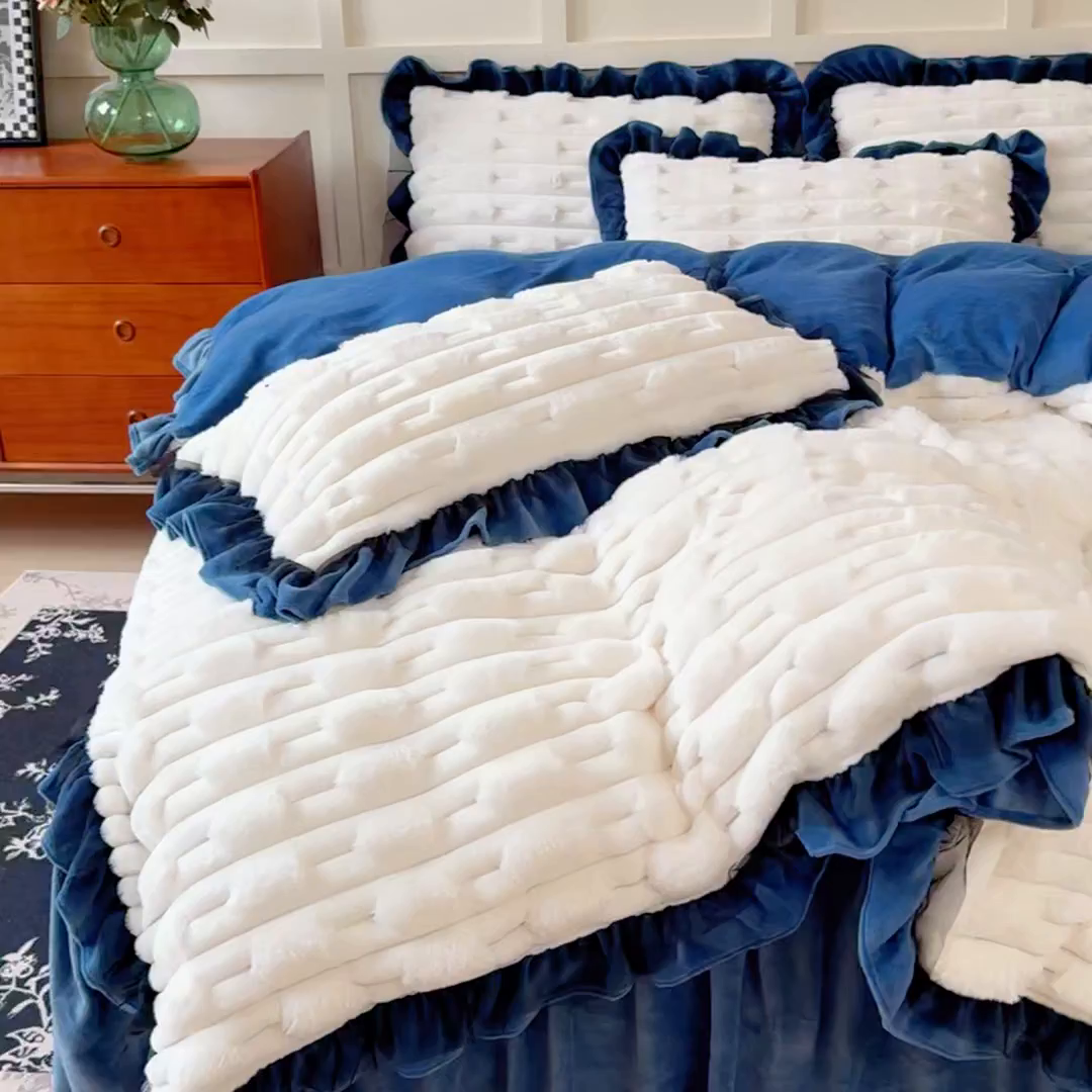 91家纺网 家纺一手货源 找家纺 睡美人 2025韩版兔绒提花牛奶绒床裙床单床笠款四件套 兔绒提花-气质灰