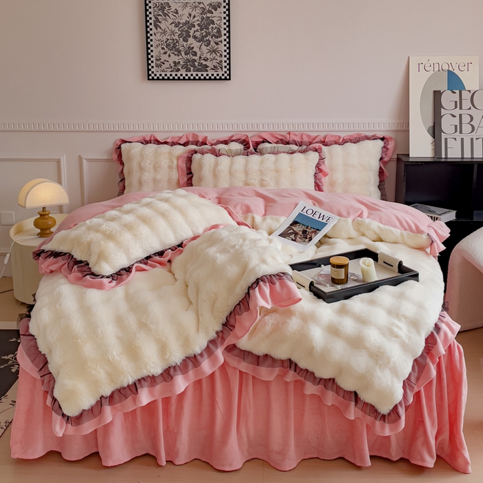 91家纺网 家纺一手货源 找家纺 睡美人 2025韩版兔兔绒牛奶绒床裙床单床笠款公主蕾丝四件套 兔兔绒-公主粉