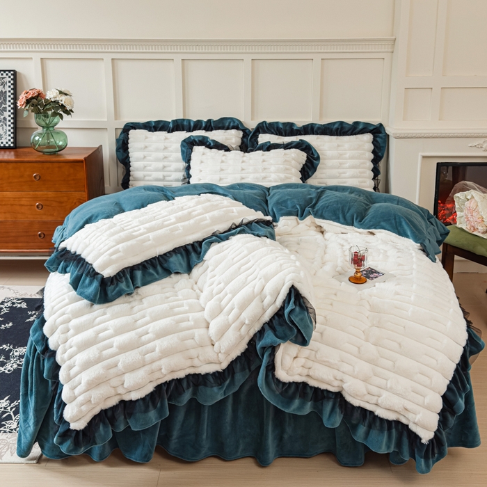 91家纺网 家纺一手货源 找家纺 睡美人 2025韩版兔绒提花牛奶绒床裙床单床笠款四件套 兔绒提花-星空蓝