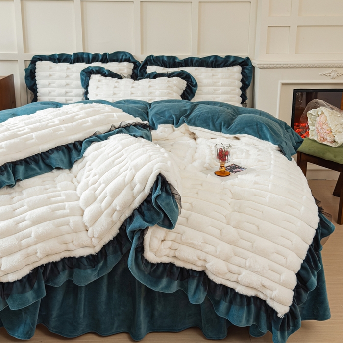 91家纺网 家纺一手货源 找家纺 睡美人 2025韩版兔绒提花牛奶绒床裙床单床笠款四件套 兔绒提花-星空蓝