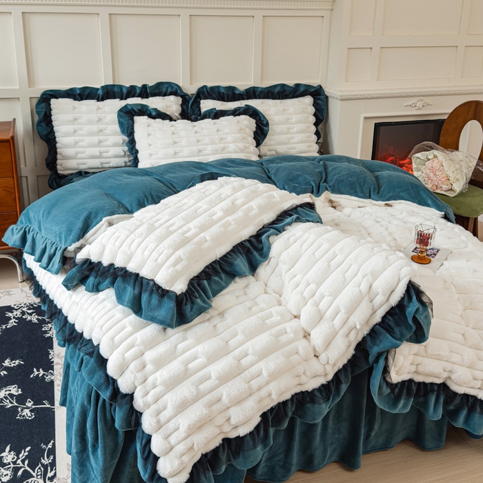 91家纺网 家纺一手货源 找家纺 睡美人 2025韩版兔绒提花牛奶绒床裙床单床笠款四件套 兔绒提花-星空蓝