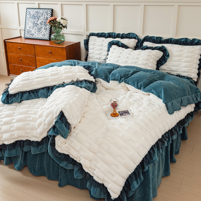 睡美人 2025韩版兔绒提花牛奶绒床裙床单床笠款四件套 兔绒提花-星空蓝