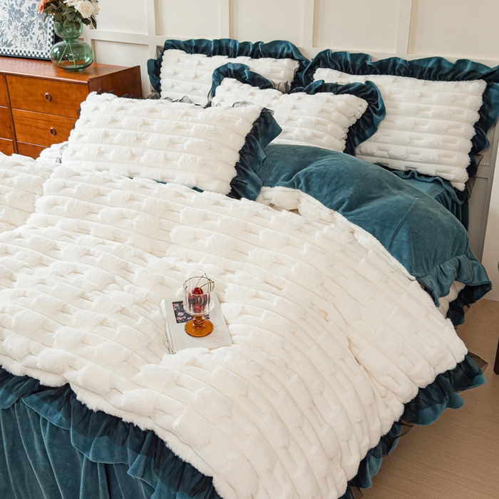 91家纺网 家纺一手货源 找家纺 睡美人 2025韩版兔绒提花牛奶绒床裙床单床笠款四件套 兔绒提花-星空蓝