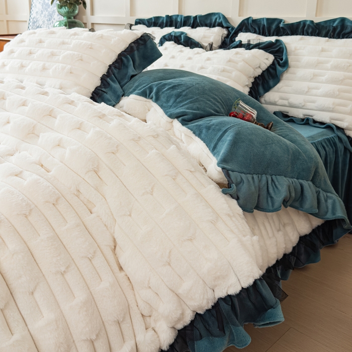 91家纺网 家纺一手货源 找家纺 睡美人 2025韩版兔绒提花牛奶绒床裙床单床笠款四件套 兔绒提花-星空蓝