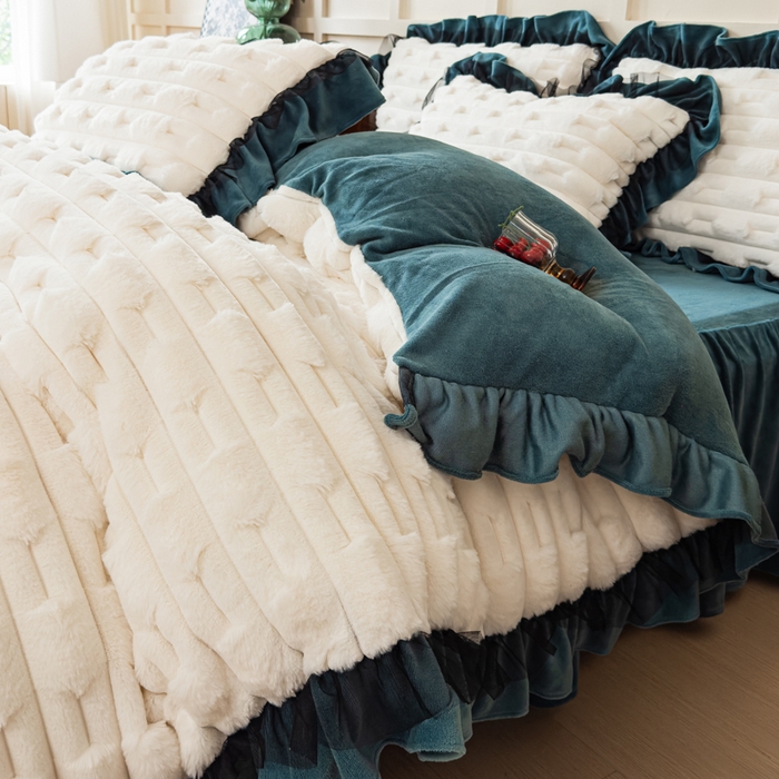 91家纺网 家纺一手货源 找家纺 睡美人 2025韩版兔绒提花牛奶绒床裙床单床笠款四件套 兔绒提花-星空蓝