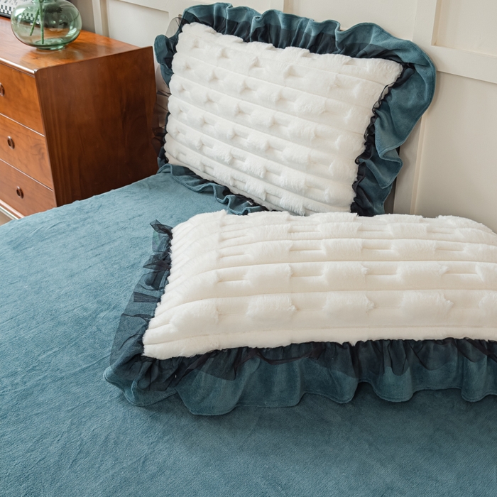 91家纺网 家纺一手货源 找家纺 睡美人 2025韩版兔绒提花牛奶绒床裙床单床笠款四件套 兔绒提花-星空蓝