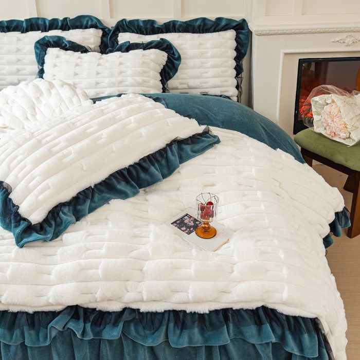 91家纺网 家纺一手货源 找家纺 睡美人 2025韩版兔绒提花牛奶绒床裙床单床笠款四件套 兔绒提花-星空蓝