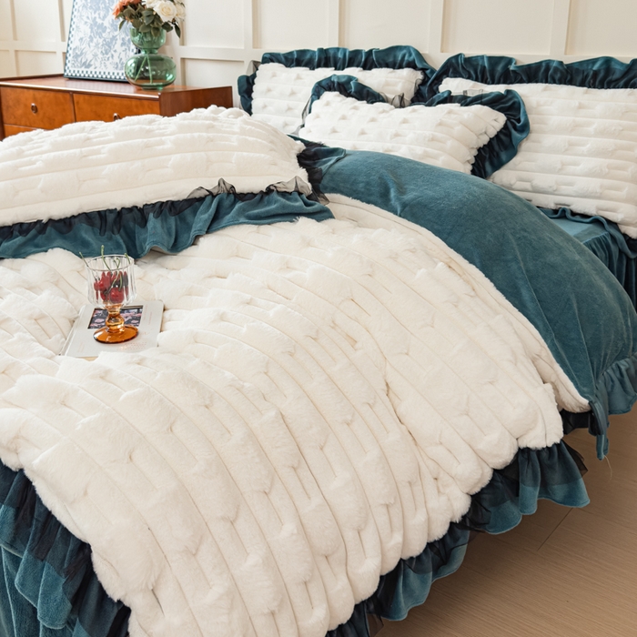 91家纺网 家纺一手货源 找家纺 睡美人 2025韩版兔绒提花牛奶绒床裙床单床笠款四件套 兔绒提花-星空蓝