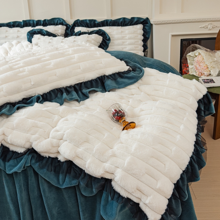 91家纺网 家纺一手货源 找家纺 睡美人 2025韩版兔绒提花牛奶绒床裙床单床笠款四件套 兔绒提花-星空蓝