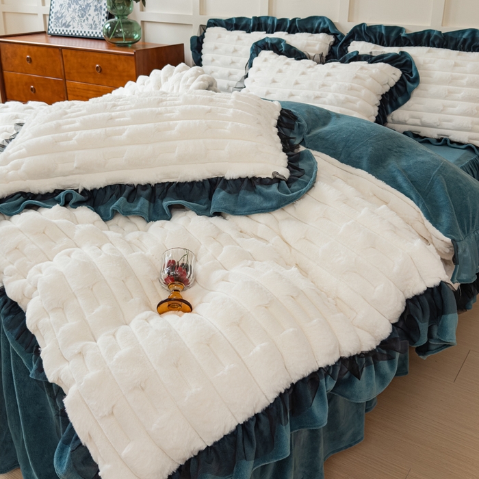 91家纺网 家纺一手货源 找家纺 睡美人 2025韩版兔绒提花牛奶绒床裙床单床笠款四件套 兔绒提花-星空蓝