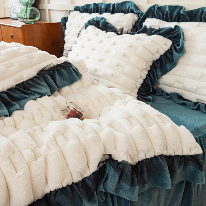 91家纺网 家纺一手货源 找家纺 睡美人 2025韩版兔绒提花牛奶绒床裙床单床笠款四件套 兔绒提花-星空蓝