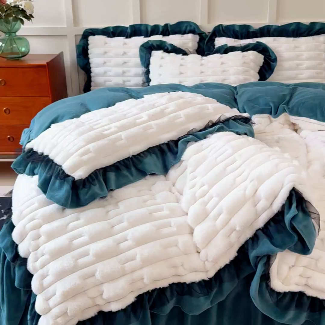 91家纺网 家纺一手货源 找家纺 睡美人 2025韩版兔绒提花牛奶绒床裙床单床笠款四件套 兔绒提花-星空蓝