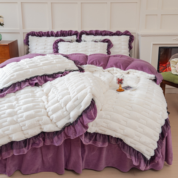 91家纺网 家纺一手货源 找家纺 睡美人 2025韩版兔绒提花牛奶绒床裙床单床笠款四件套 兔绒提花-薰衣紫