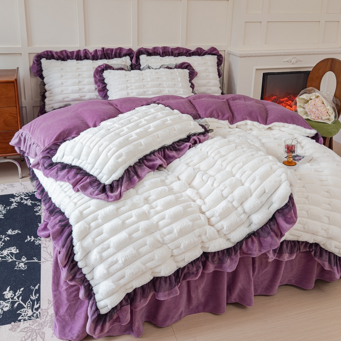 91家纺网 家纺一手货源 找家纺 睡美人 2025韩版兔绒提花牛奶绒床裙床单床笠款四件套 兔绒提花-薰衣紫