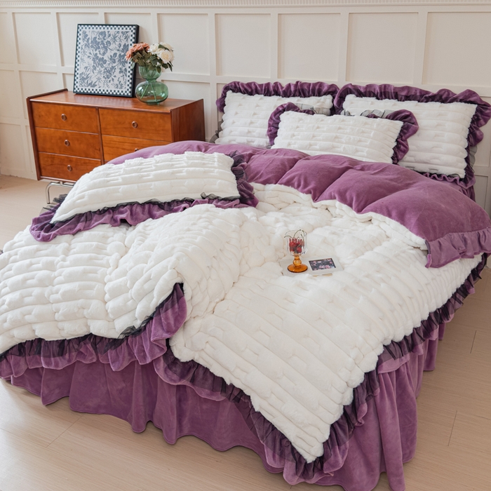 睡美人 2025韩版兔绒提花牛奶绒床裙床单床笠款四件套 兔绒提花-薰衣紫