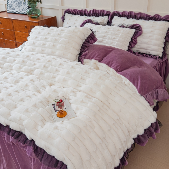 91家纺网 家纺一手货源 找家纺 睡美人 2025韩版兔绒提花牛奶绒床裙床单床笠款四件套 兔绒提花-薰衣紫