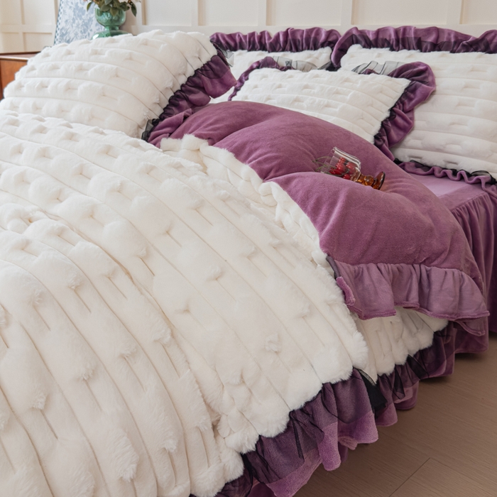 91家纺网 家纺一手货源 找家纺 睡美人 2025韩版兔绒提花牛奶绒床裙床单床笠款四件套 兔绒提花-薰衣紫