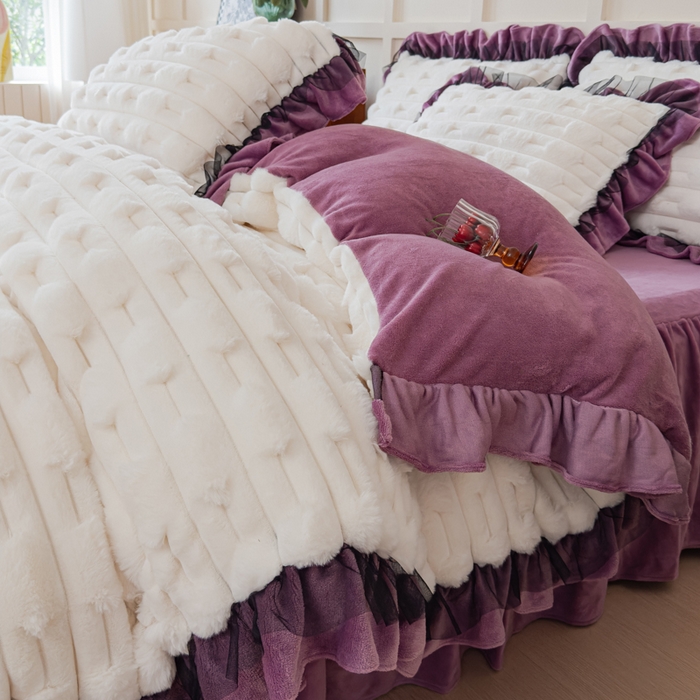 91家纺网 家纺一手货源 找家纺 睡美人 2025韩版兔绒提花牛奶绒床裙床单床笠款四件套 兔绒提花-薰衣紫