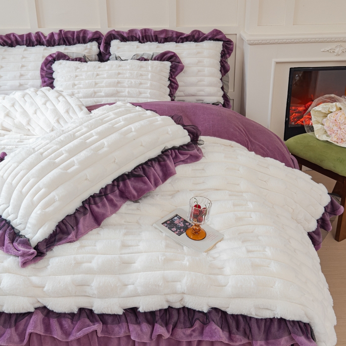 91家纺网 家纺一手货源 找家纺 睡美人 2025韩版兔绒提花牛奶绒床裙床单床笠款四件套 兔绒提花-薰衣紫