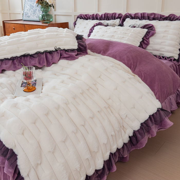 91家纺网 家纺一手货源 找家纺 睡美人 2025韩版兔绒提花牛奶绒床裙床单床笠款四件套 兔绒提花-薰衣紫