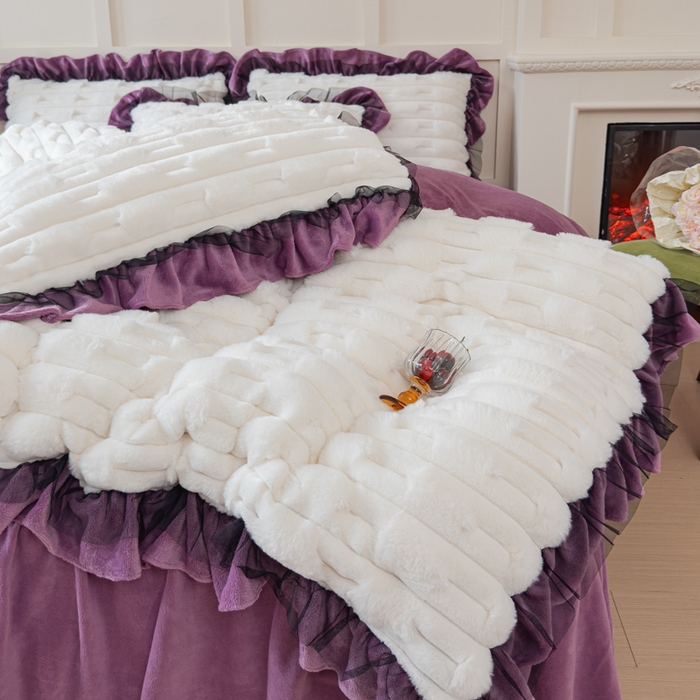 91家纺网 家纺一手货源 找家纺 睡美人 2025韩版兔绒提花牛奶绒床裙床单床笠款四件套 兔绒提花-薰衣紫